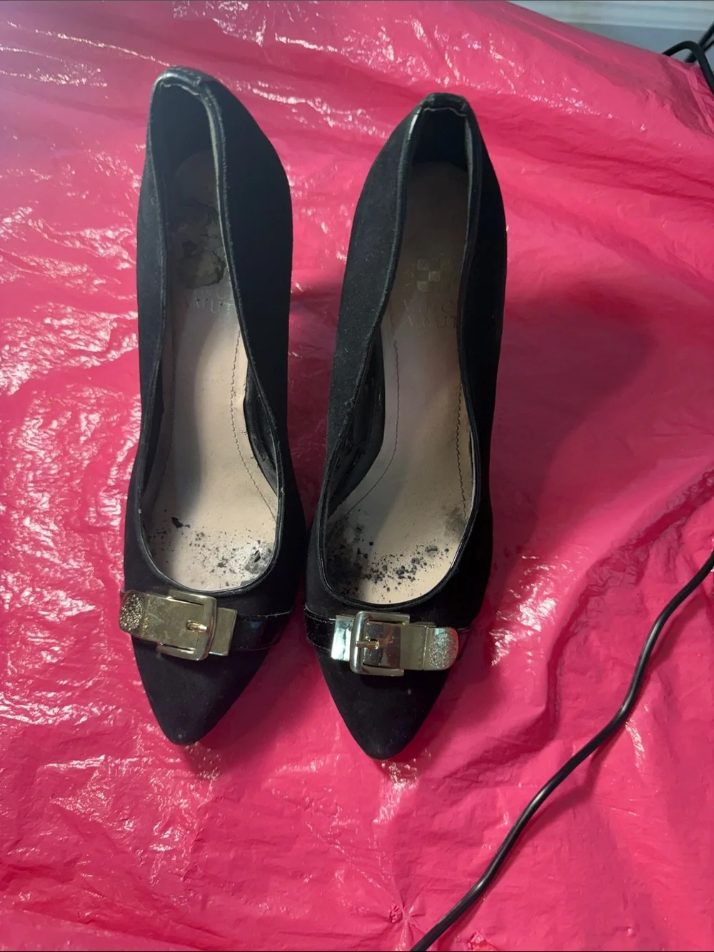 Black Suede Pointed Toe Pumps with Gold Buckle